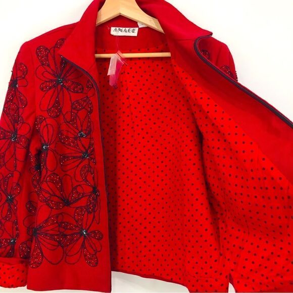 ANAGE Red Black Bead Embroidered Floral Design Holiday Statement Jacket NEW - Picture 12 of 16